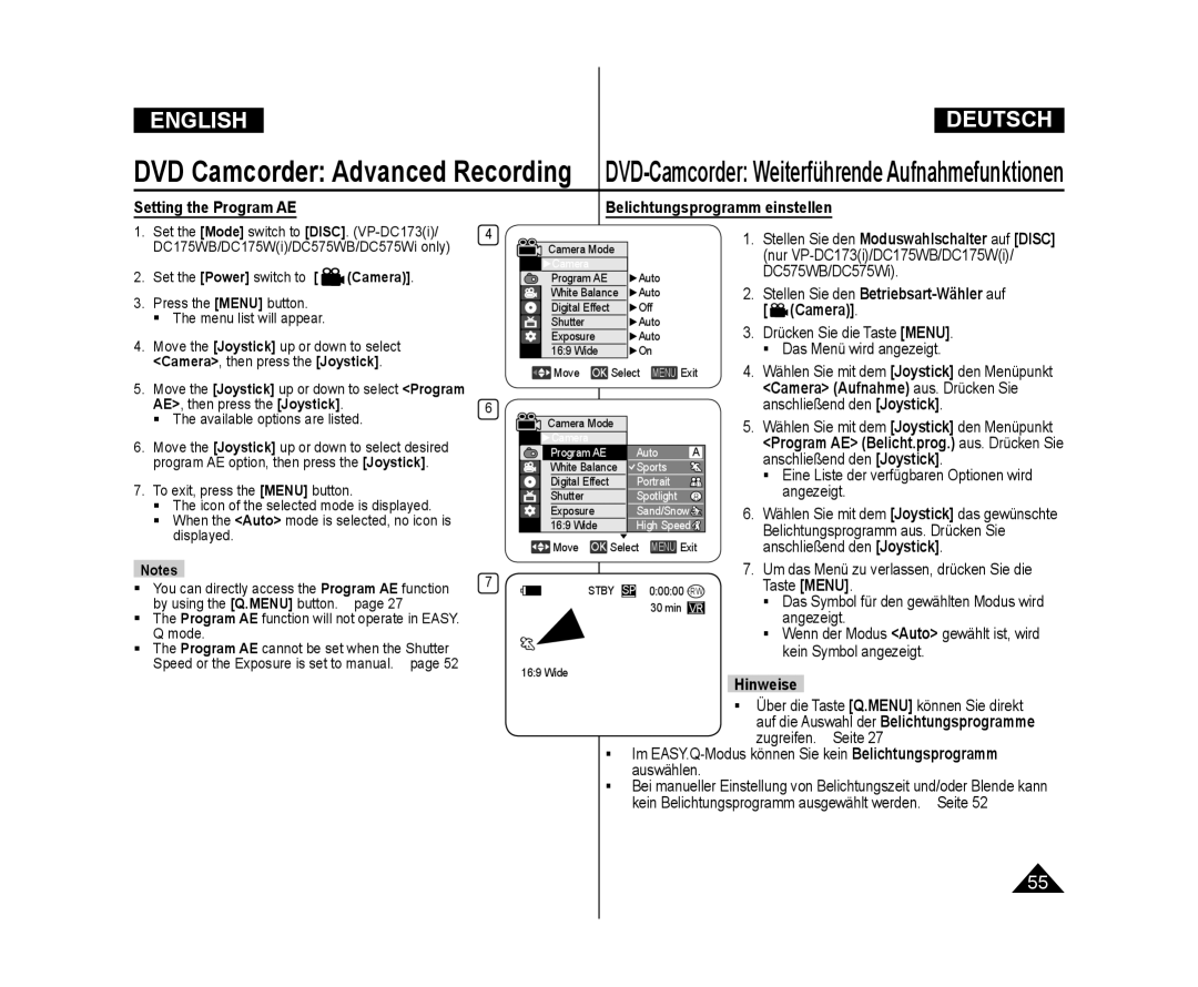 Samsung VP-DC171/BAT manual Setting the Program AE Belichtungsprogramm einstellen, By using the Q.MENU button. page, Mode 