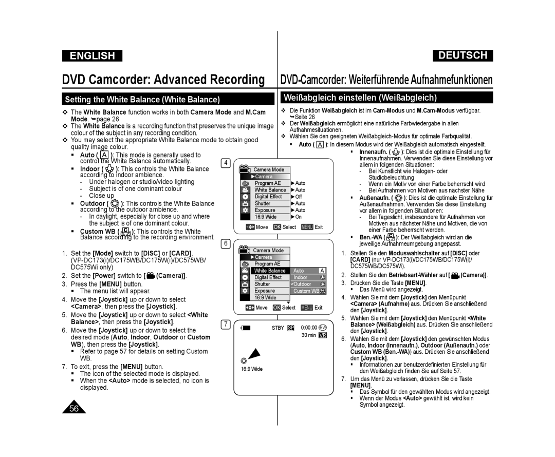 Samsung VP-DC171W/XEF, VP-DC171W/KIT DVD-Camcorder Weiterführende Aufnahmefunktionen, Weißabgleich einstellen Weißabgleich 