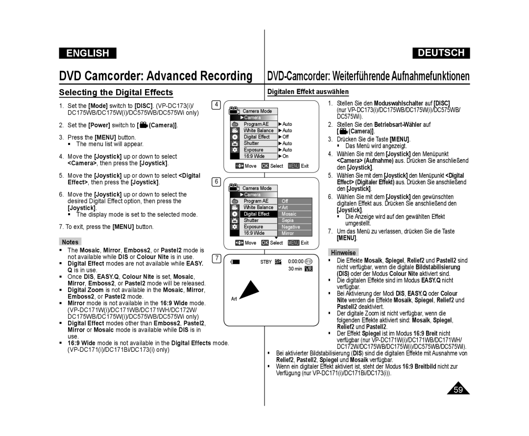 Samsung VP-DC171WH/XEF, VP-DC575WB/XEF Selecting the Digital Effects, Digitalen Effekt auswählen, Emboss2, or Pastel2 mode 