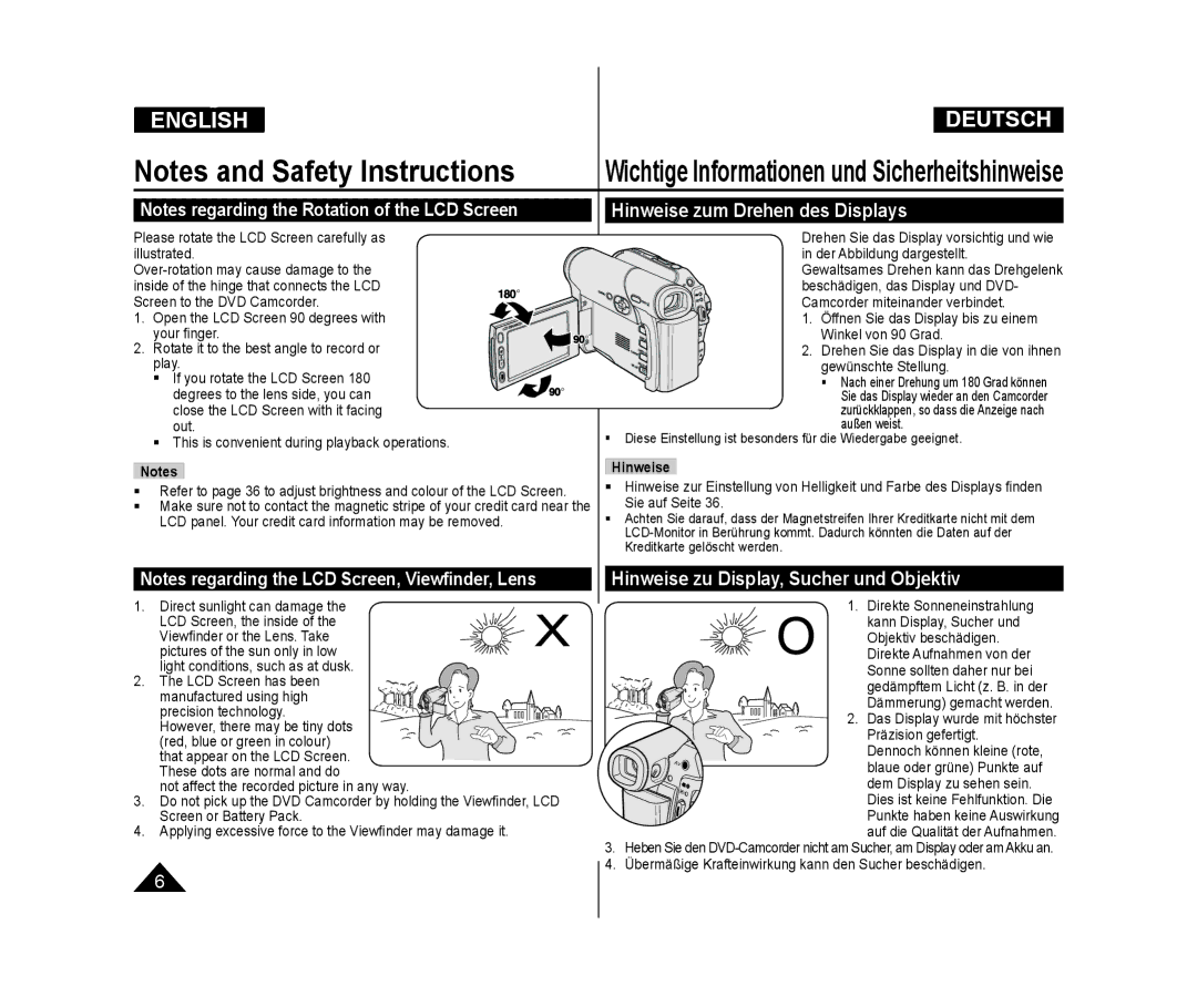 Samsung VP-DC171/BAT, VP-DC575WB/XEF manual Hinweise zum Drehen des Displays, Hinweise zu Display, Sucher und Objektiv 