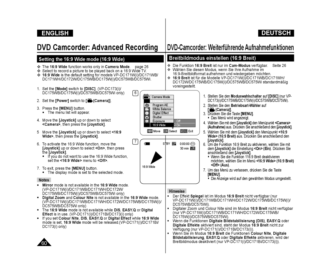 Samsung VP-DC171W/XEO, VP-DC575WB/XEF, VP-DC175WB/XEF, VP-DC171W/KIT, VP-DC171/XEF Camera , then press the Joystick, Off Aus 