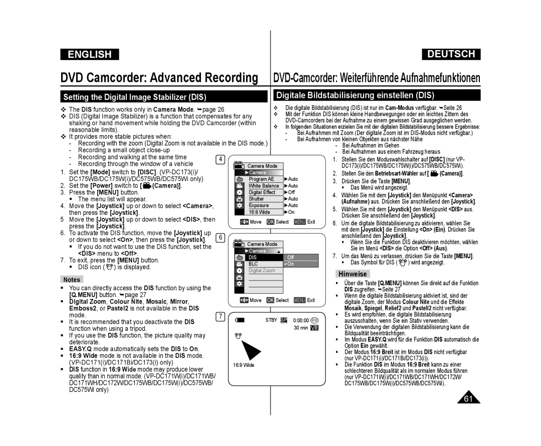 Samsung VP-DC171/XEE, VP-DC575WB/XEF, VP-DC175WB/XEF, VP-DC171W/KIT manual DIS menu to Off, Colour Nite, Mosaic, Mirror 