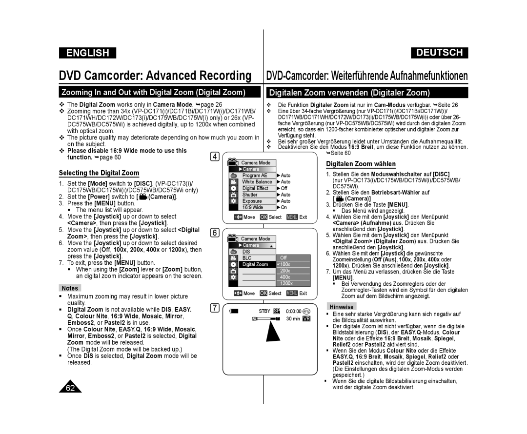 Samsung VP-DC175WB/XEO manual Digitalen Zoom verwenden Digitaler Zoom, Zooming In and Out with Digital Zoom Digital Zoom 