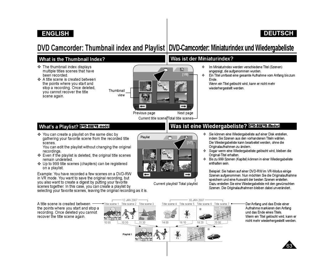 Samsung VP-DC173/XEE, VP-DC575WB/XEF manual Was ist der Miniaturindex?, DVD-Camcorder Miniaturindex und Wiedergabeliste 