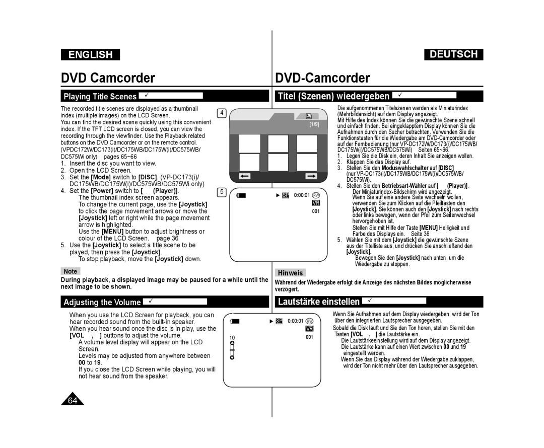 Samsung VP-DC171/XEO, VP-DC575WB/XEF manual DVD Camcorder DVD-Camcorder, Adjusting the Volume DVD-RW/+RW/-R/+R DL, 00 to 