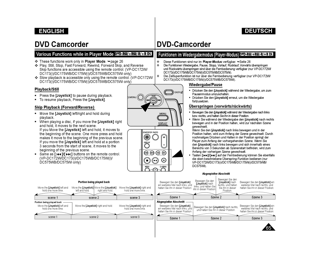 Samsung VP-DC171W/XEE Playback/Still, Skip Playback Forward/Reverse, Wiedergabe/Pause, Überspringen vorwärts/rückwärts 