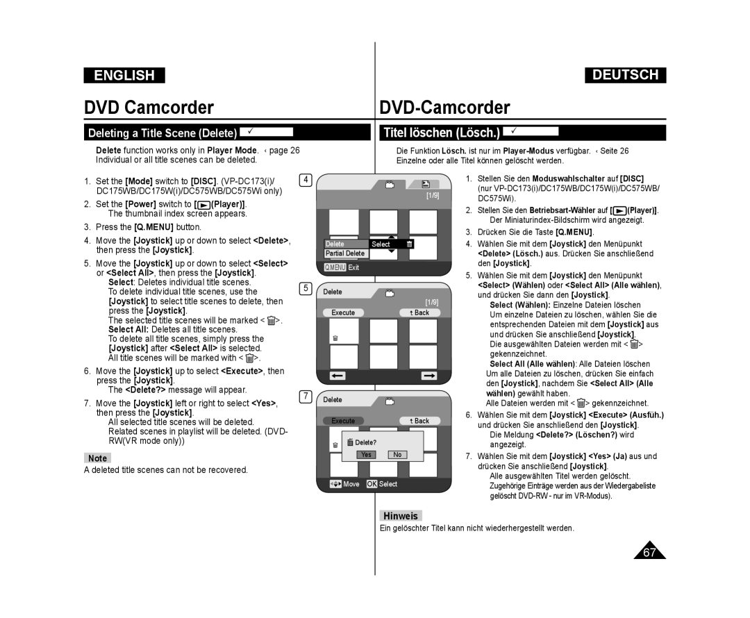 Samsung VP-DC173/AND, VP-DC575WB/XEF manual Deleting a Title Scene Delete DVD -RW/+RW, Select All Deletes all title scenes 