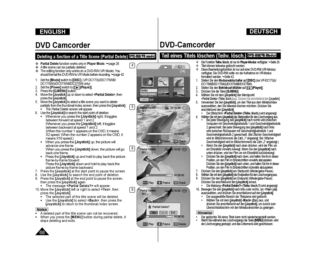 Samsung VP-DC175WI/UMG Teil eines Titels löschen Teilw. lösch. DVD-RWVR-Modus,  Atitle scene can be partially deleted 