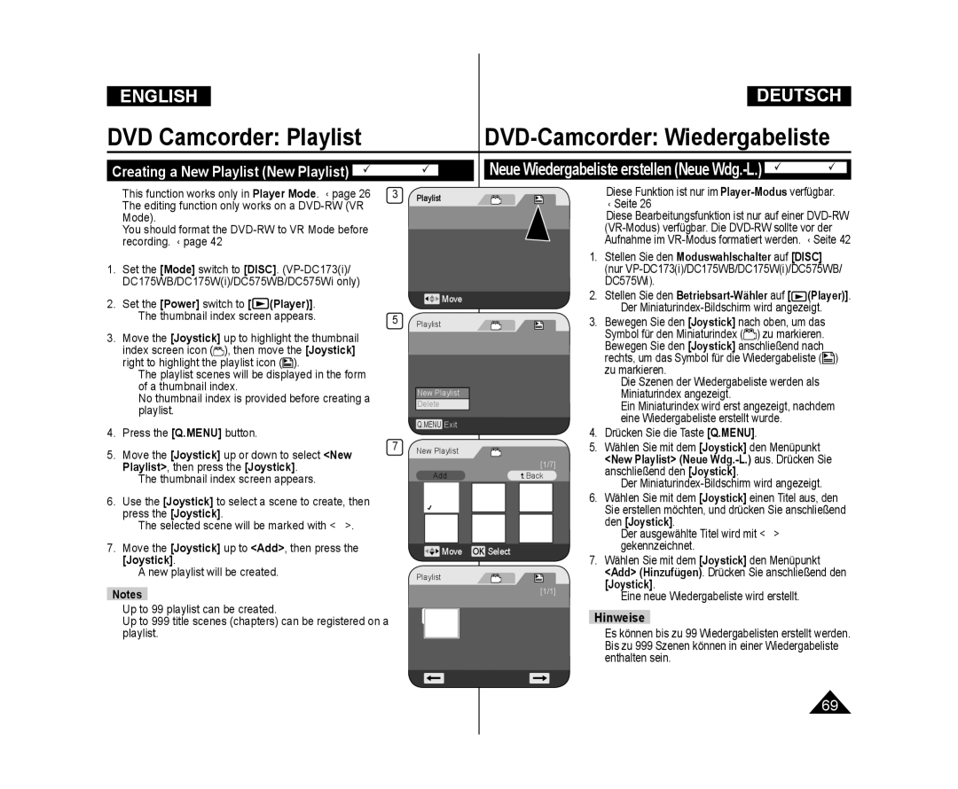 Samsung VP-DC175WB/AND, VP-DC171/XEF DVD Camcorder Playlist, DVD-Camcorder Wiedergabeliste, Set the Power switch to Player 