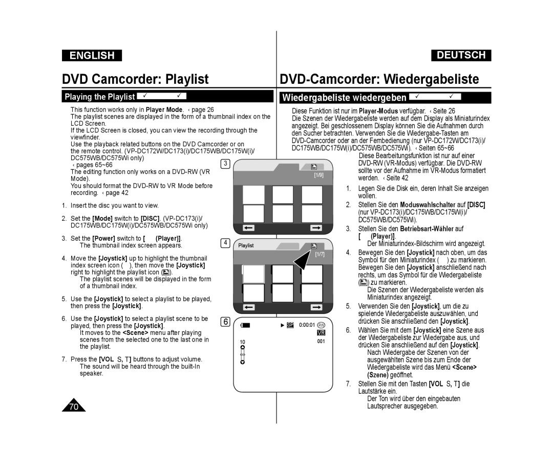 Samsung VP-DC575WI/HAC, VP-DC575WB/XEF, VP-DC175WB/XEF, VP-DC171W/KIT, VP-DC171/XEF manual Playing the Playlist DVD-RWVR mode 