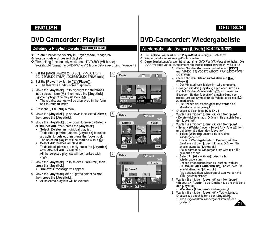 Samsung VP-DC171/AND DVD Camcorder Playlist DVD-Camcorder Wiedergabeliste, Wiedergabeliste löschen Lösch. DVD-RWVR-Modus 