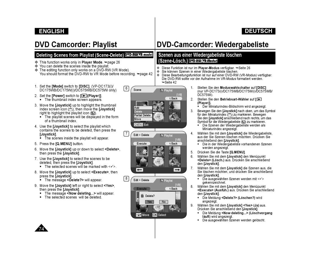 Samsung VP-DC175WI/HAC manual Szene-Lösch.DVD-RW VR-Modus, Message Delete? will appear, Selected scenes will be deleted 