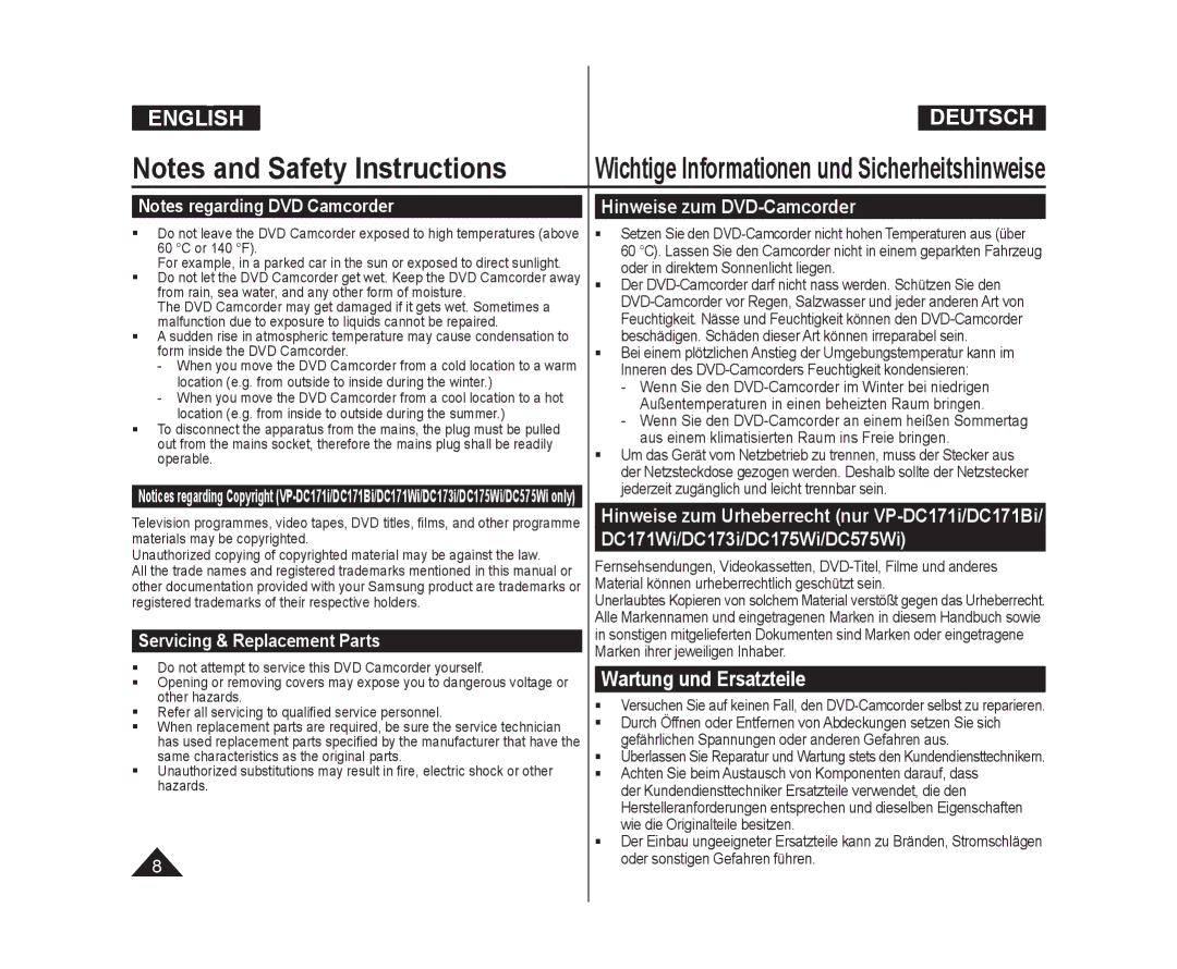 Samsung VP-DC171WB/XEF, VP-DC575WB/XEF, VP-DC175WB/XEF manual Servicing & Replacement Parts, Hinweise zum DVD-Camcorder 