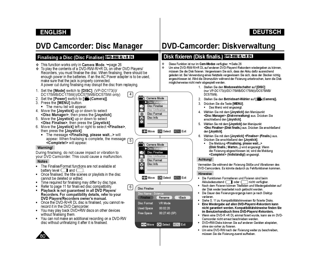 Samsung VP-DC173/KNT, VP-DC575WB/XEF Disk ﬁxieren Disk ﬁnalis. DVD-RW/-R/+R DL, Disc Finalise , then press the Joystick 