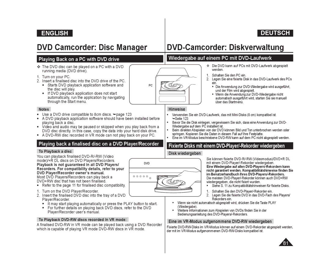 Samsung VP-DC175WI/MEA, VP-DC575WB/XEF manual Playing Back on a PC with DVD drive, Wiedergabe auf einem PC mit DVD-Laufwerk 