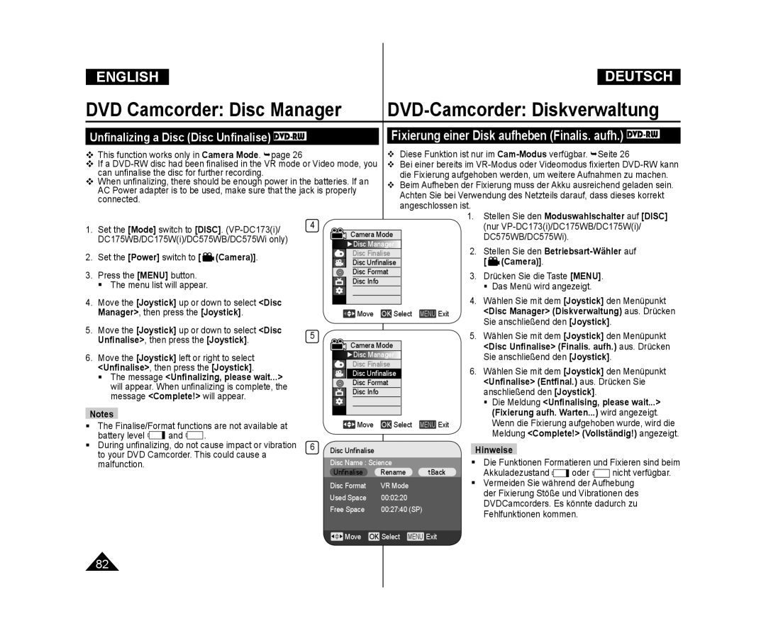 Samsung VP-DC173/CAN, VP-DC575WB/XEF, VP-DC175WB/XEF DVD Camcorder Disc Manager, Unﬁnalizing a Disc Disc Unﬁnalise DVD-RW 