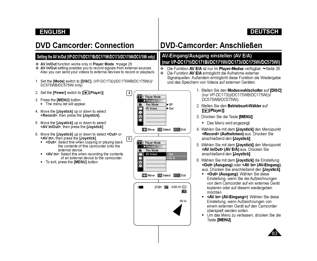 Samsung VP-DC171/CAN manual DVD Camcorder Connection DVD-Camcorder Anschließen, AV-Eingang/Ausgang einstellen AV E/A 