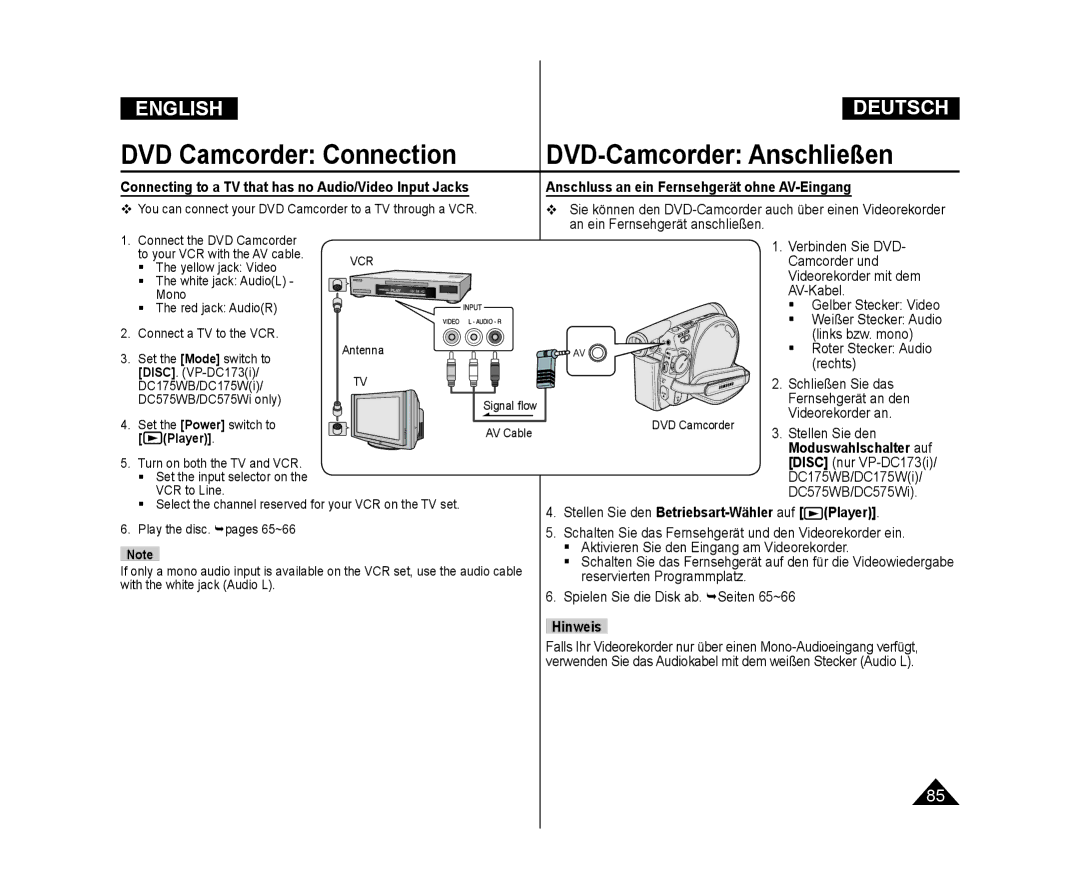 Samsung VP-DC575WB/XEO, VP-DC575WB/XEF, VP-DC175WB/XEF, VP-DC171W/KIT Connecting to a TV that has no Audio/Video Input Jacks 