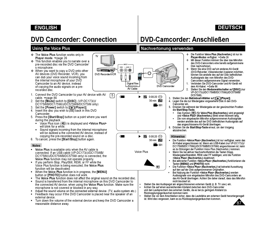 Samsung VP-DC175WB/NWT manual Using the Voice Plus Nachvertonung verwenden, Player mode. page, Start/Stop button again 