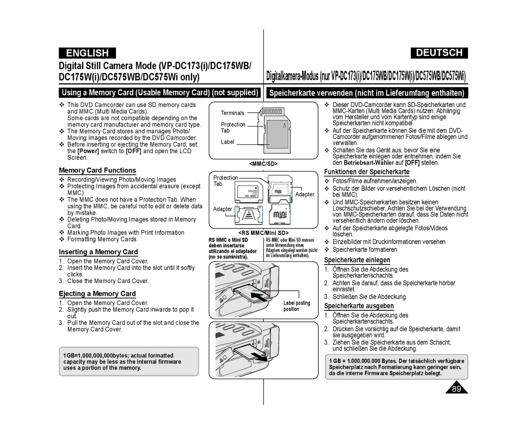 Samsung VP-DC575WB/NWT, VP-DC575WB/XEF, VP-DC175WB/XEF, VP-DC171W/KIT manual Digital Still Camera Mode VP-DC173i/DC175WB 