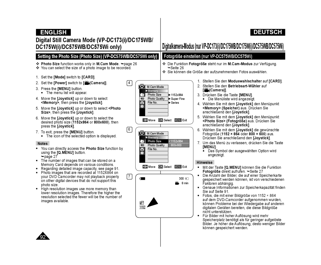 Samsung VP-DC175WI/XER manual Fotogröße einstellen nur VP-DC575WB/DC575Wi, Stellen Sie den Moduswahlschalter auf Card 