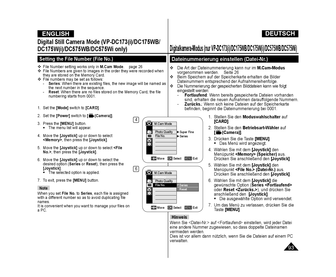 Samsung VP-DC171I/XEK, VP-DC575WB/XEF manual Menüpunkt Memory Speicher aus, Joystick Menüpunkt File No. Datei-Nr. aus 