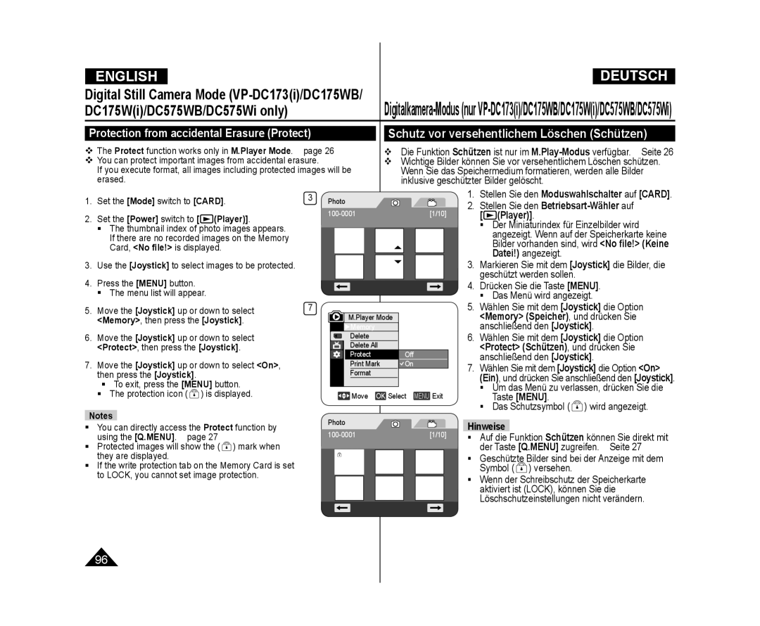 Samsung VP-DC175WI/COL manual Protection from accidental Erasure Protect, Schutz vor versehentlichem Löschen Schützen 