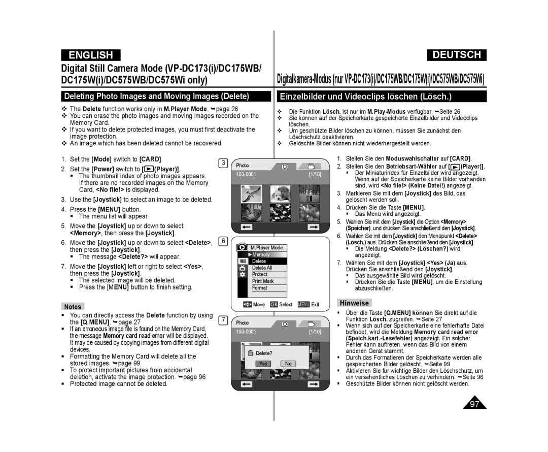 Samsung VP-DC171I/COL manual Einzelbilder und Videoclips löschen Lösch, Deleting Photo Images and Moving Images Delete 