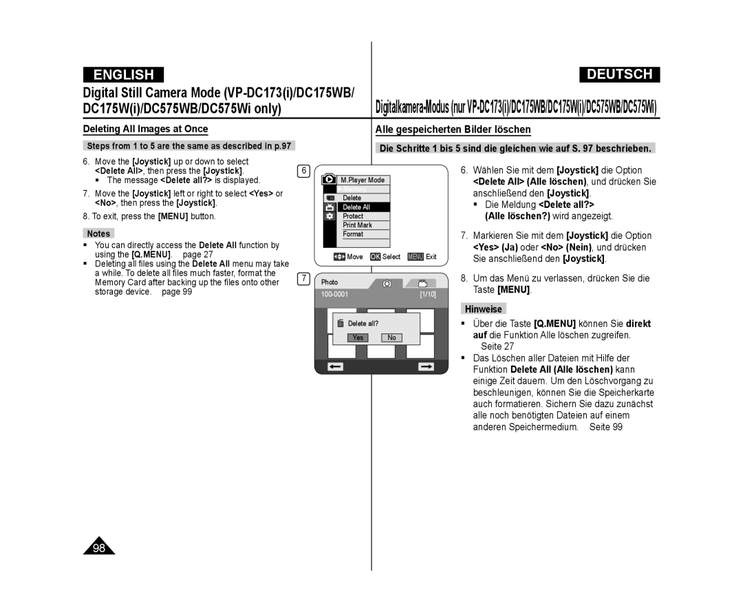 Samsung VP-DC575WB/XEF manual Alle gespeicherten Bilder löschen,  The message Delete all? is displayed, Delete all? Yes No 