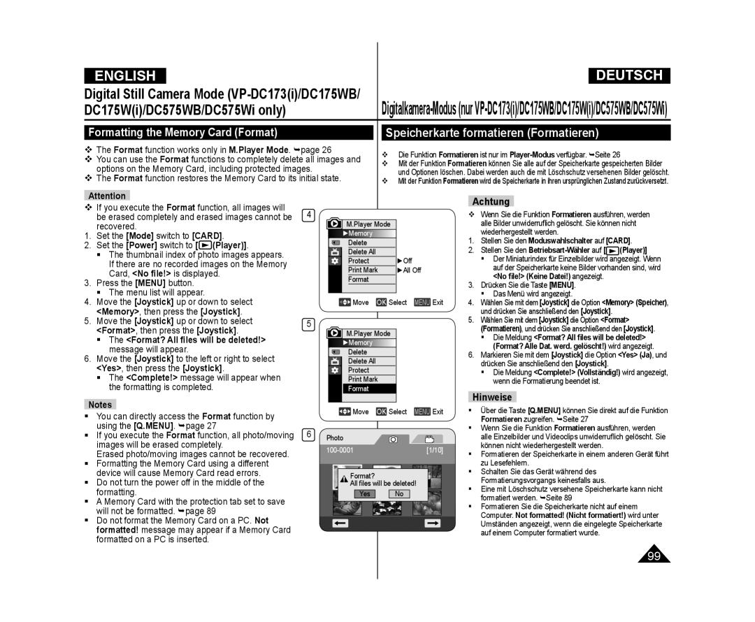 Samsung VP-DC175WB/XEF, VP-DC575WB/XEF Speicherkarte formatieren Formatieren, Formatting the Memory Card Format, Achtung 