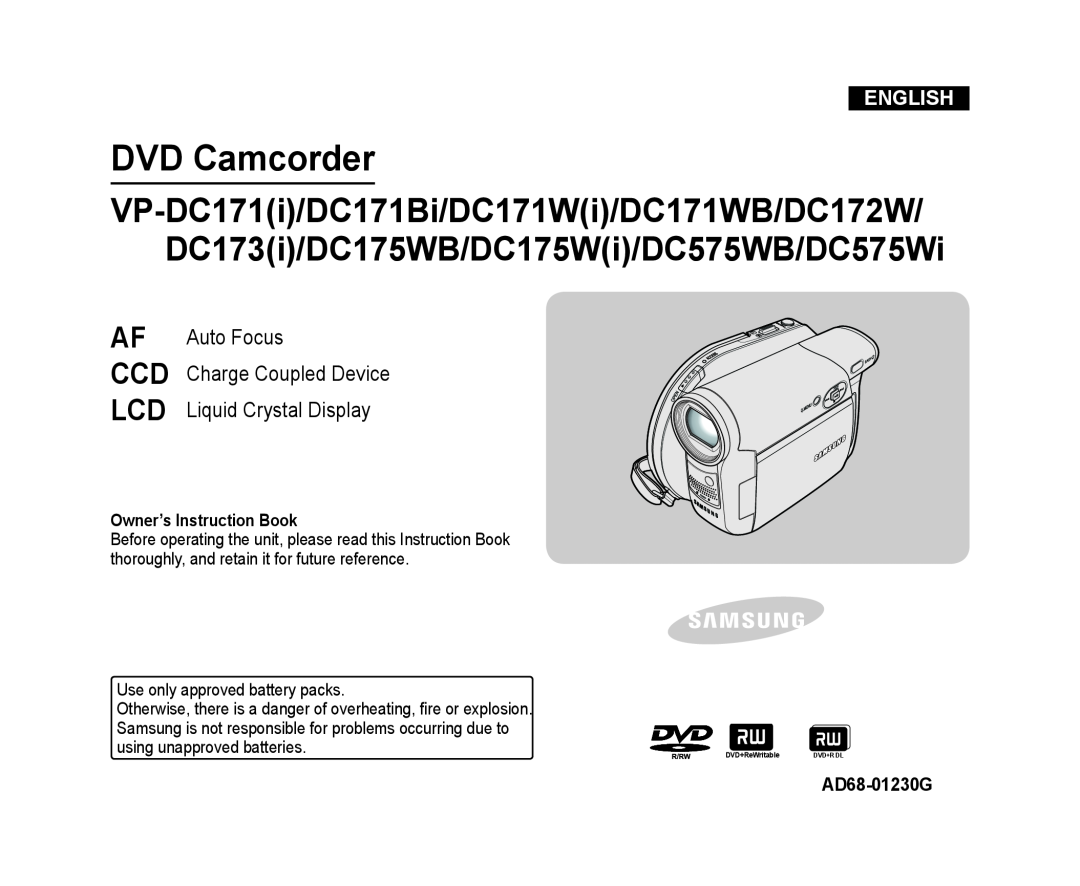 Samsung VP-DC175WB/XEF manual English, Auto Focus, Liquid Crystal Display, Charge Coupled Device, Owner’s Instruction Book 