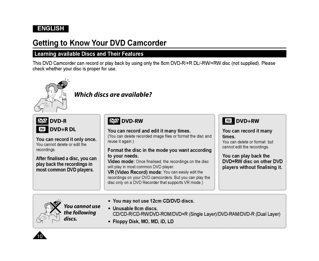 Samsung VP-DC171WH/XEF manual Which discs are available?, Learning available Discs and Their Features, Dvd-Rw, Dvd+R Dl 