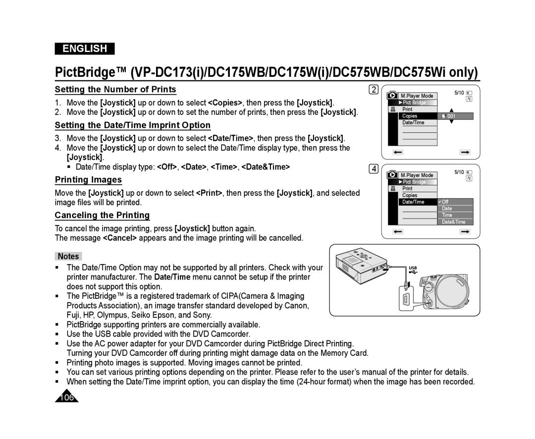 Samsung VP-DC171WB/XEF manual Setting the Number of Prints, Setting the Date/Time Imprint Option, Printing Images, English 