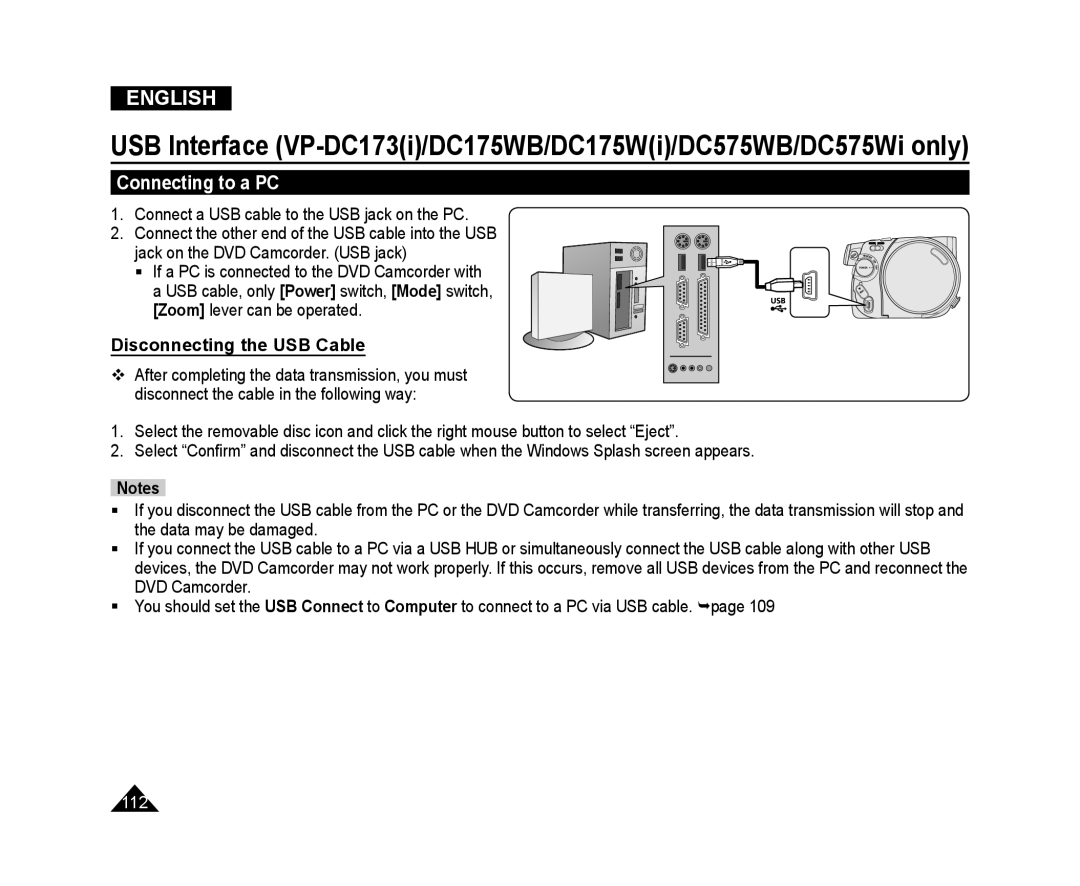 Samsung VP-DC173/XEE, VP-DC575WB/XEF, VP-DC175WB/XEF, VP-DC171W/KIT Connecting to a PC, Disconnecting the USB Cable, English 