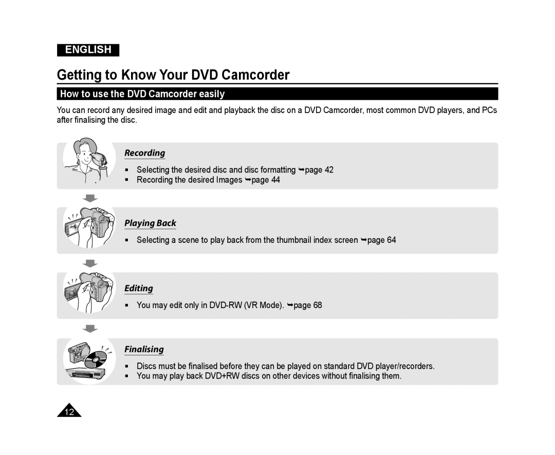 Samsung VP-DC171/XEE manual How to use the DVD Camcorder easily, Recording, Playing Back, Editing, Finalising, English 