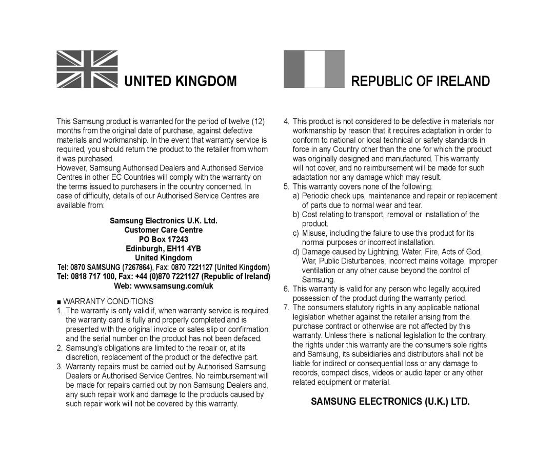 Samsung VP-DC175WB/KNT manual Republic Of Ireland, Customer Care Centre PO Box Edinburgh, EH11 4YB United Kingdom 