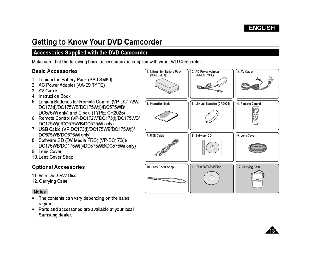 Samsung VP-DC175WB/XEO manual Accessories Supplied with the DVD Camcorder, Basic Accessories, Optional Accessories, English 