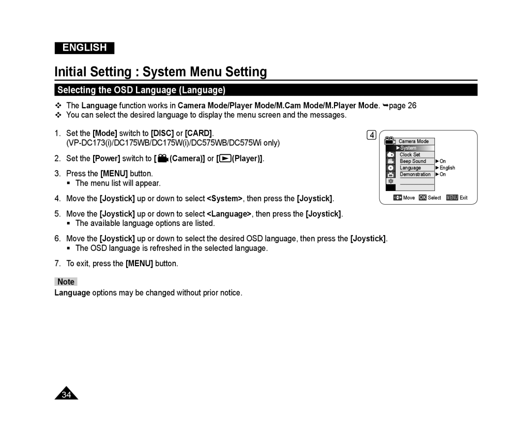 Samsung VP-DC171/CAN manual Selecting the OSD Language Language, Initial Setting System Menu Setting, English, Camera or 
