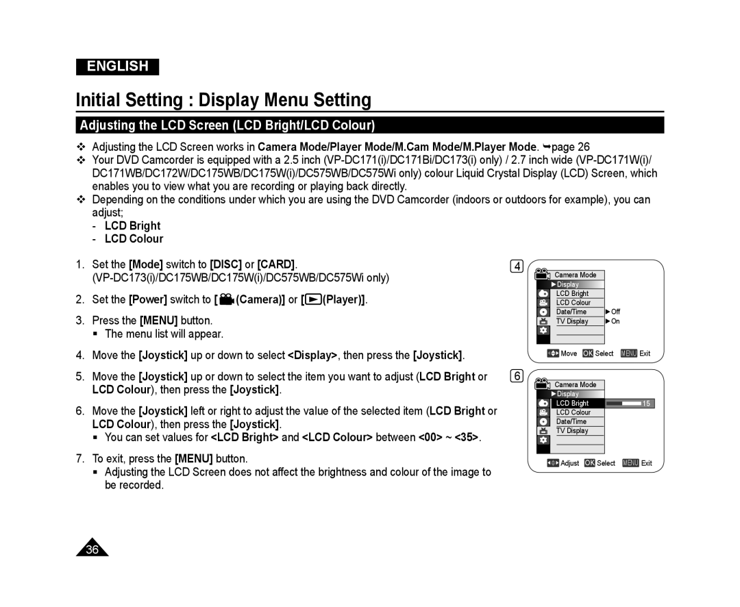 Samsung VP-DC575WB/XEO manual Initial Setting Display Menu Setting, Adjusting the LCD Screen LCD Bright/LCD Colour, English 