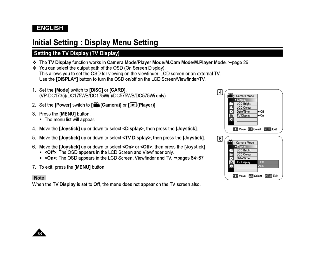 Samsung VP-DC175WB/NWT manual Setting the TV Display TV Display, Initial Setting Display Menu Setting, English, Camera or 