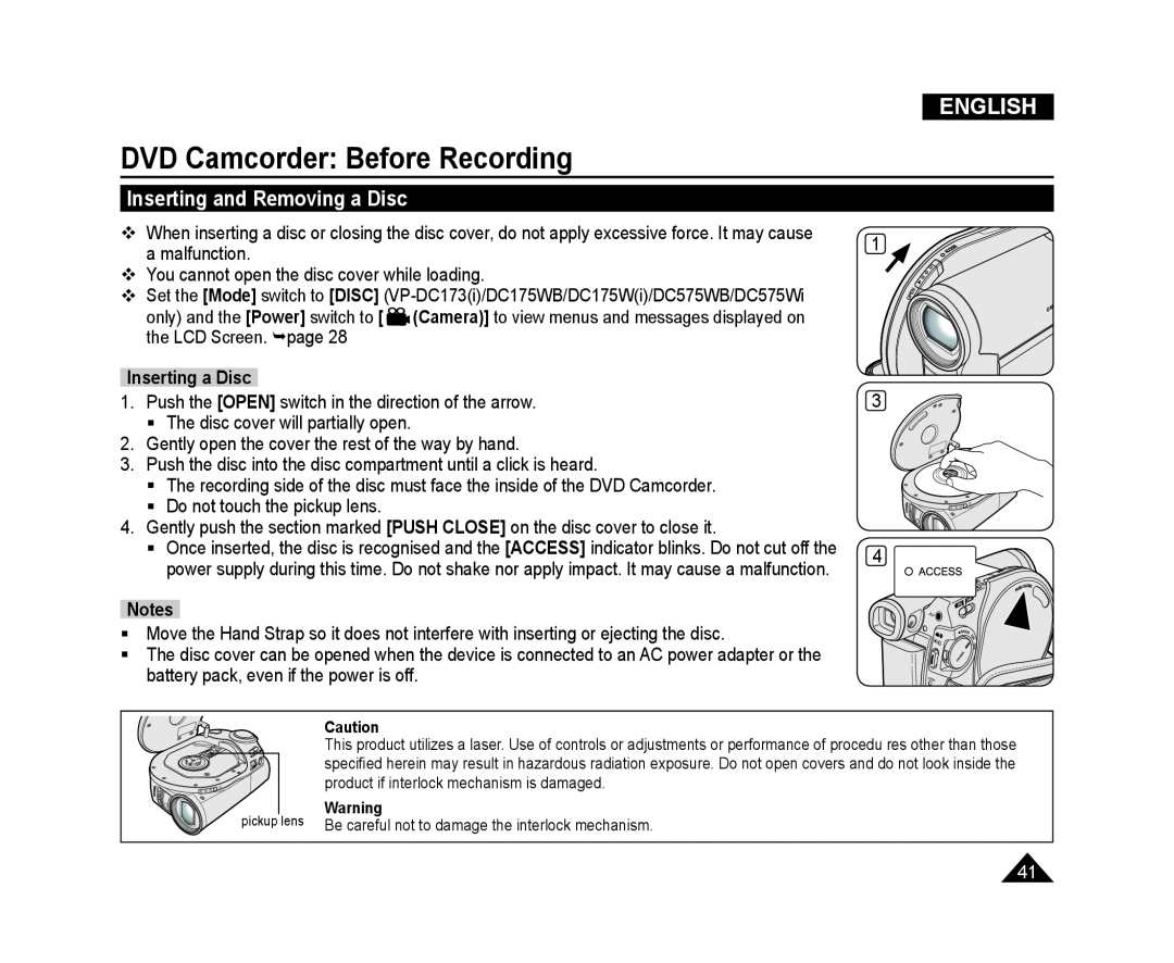Samsung VP-DC171I/XER manual Inserting and Removing a Disc, Inserting a Disc, DVD Camcorder Before Recording, English 
