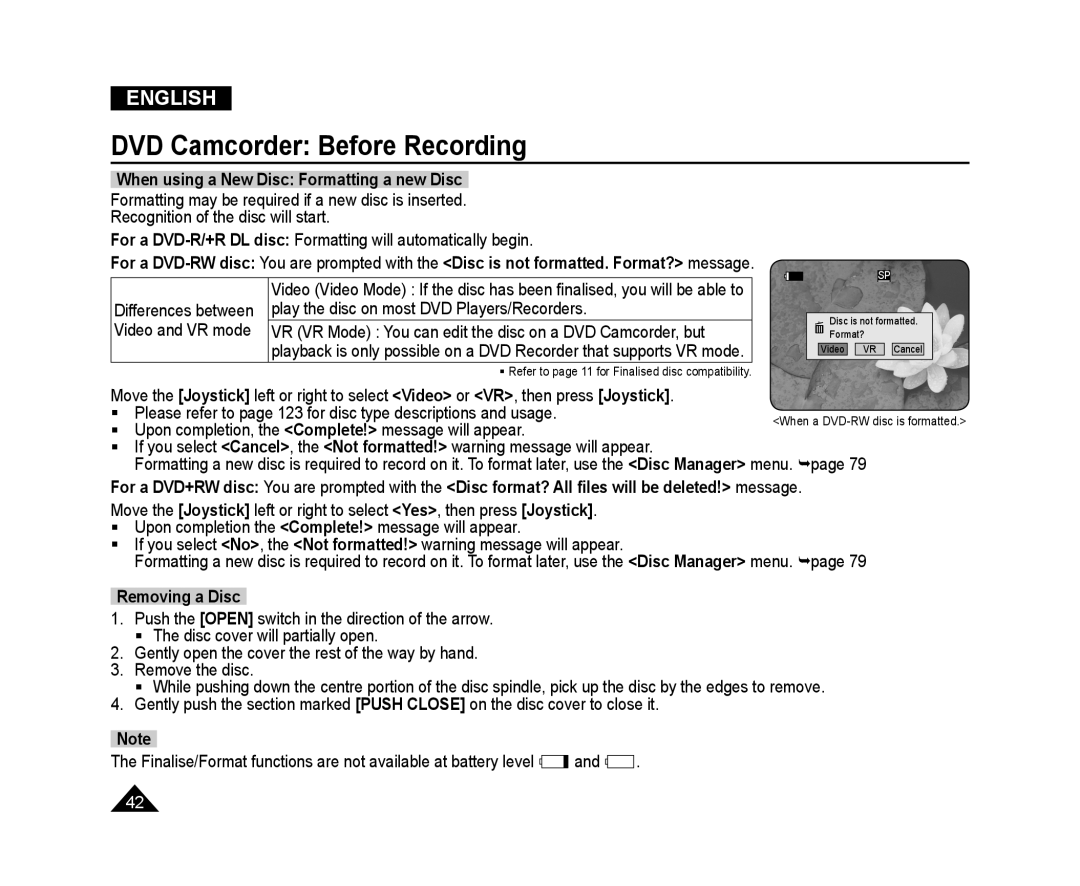 Samsung VP-DC175WI/XEK manual When using a New Disc Formatting a new Disc, Removing a Disc, DVD Camcorder Before Recording 