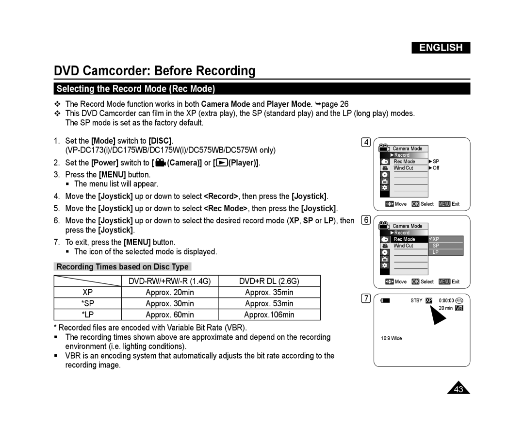 Samsung VP-DC175WI/XER manual Selecting the Record Mode Rec Mode, Recording Times based on Disc Type, English, Camera or 