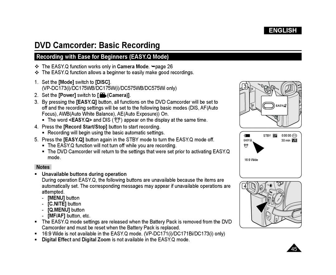 Samsung VP-DC575WI/XEK, VP-DC171/XEF DVD Camcorder Basic Recording, Recording with Ease for Beginners EASY.Q Mode, English 