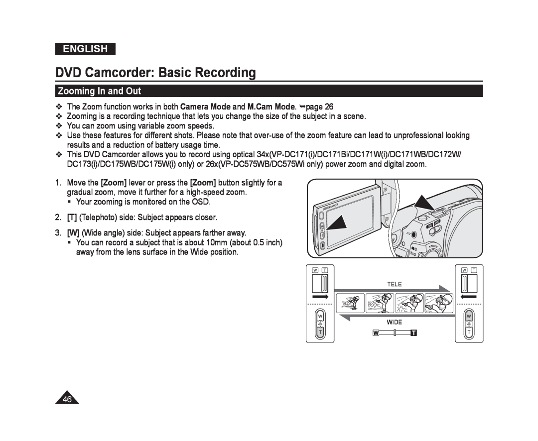 Samsung VP-DC575WI/XER, VP-DC575WB/XEF, VP-DC175WB/XEF manual Zooming In and Out, DVD Camcorder Basic Recording, English 