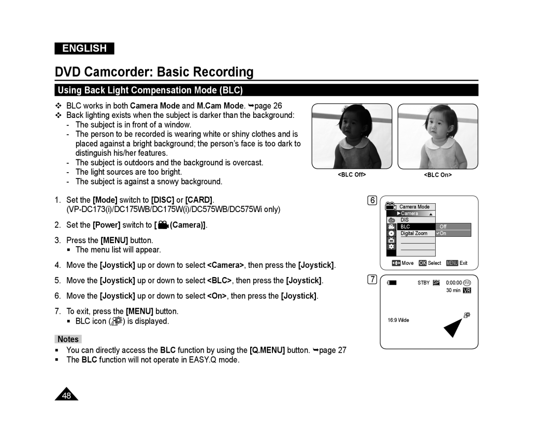 Samsung VP-DC171I/COL Using Back Light Compensation Mode BLC, DVD Camcorder Basic Recording, English, BLC Off, BLC On 