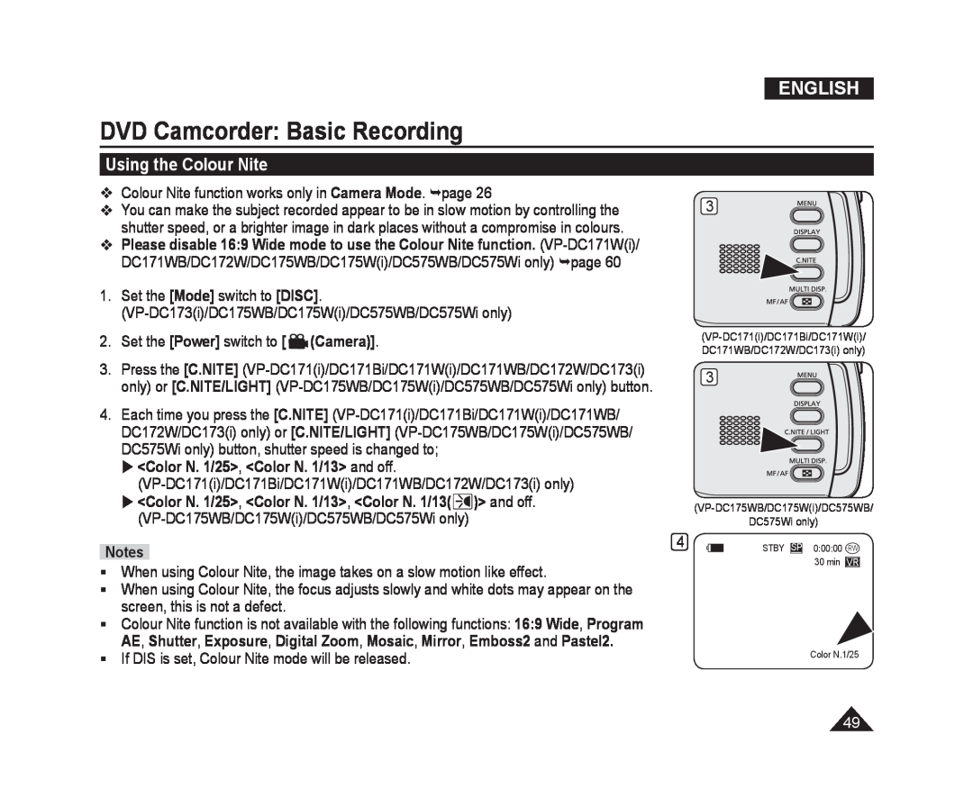 Samsung VP-DC575WB/XEF manual Using the Colour Nite,  Color N. 1/25, Color N. 1/13 and off, DVD Camcorder Basic Recording 