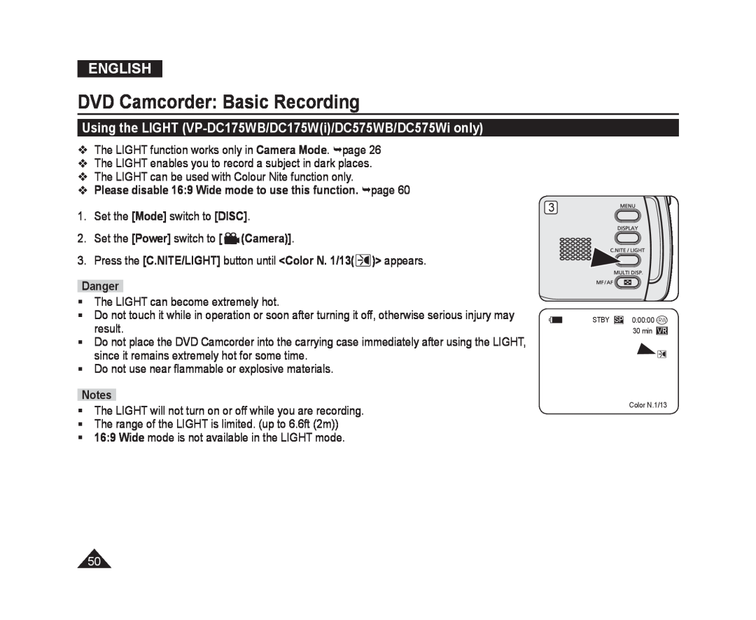 Samsung VP-DC175WB/XEF Using the LIGHT VP-DC175WB/DC175Wi/DC575WB/DC575Wi only, Danger, DVD Camcorder Basic Recording 