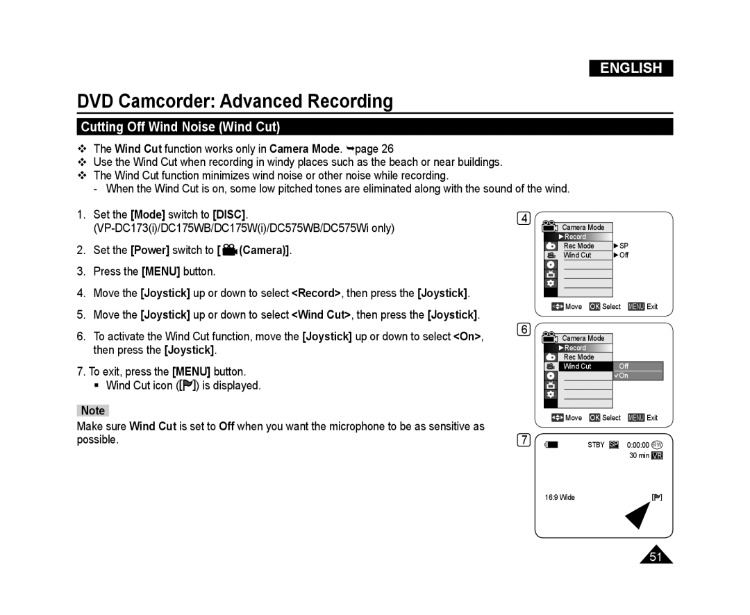 Samsung VP-DC171W/KIT, VP-DC575WB/XEF manual DVD Camcorder Advanced Recording, Cutting Off Wind Noise Wind Cut, English 