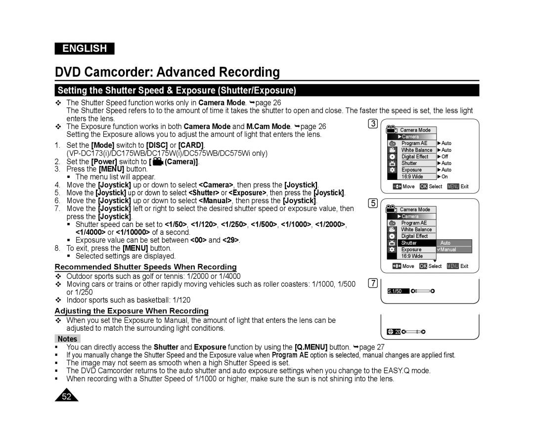 Samsung VP-DC171/XEF Setting the Shutter Speed & Exposure Shutter/Exposure, DVD Camcorder Advanced Recording, English 
